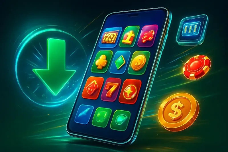 Glossy smartphone casino app banner with neon download symbol and glowing tiles