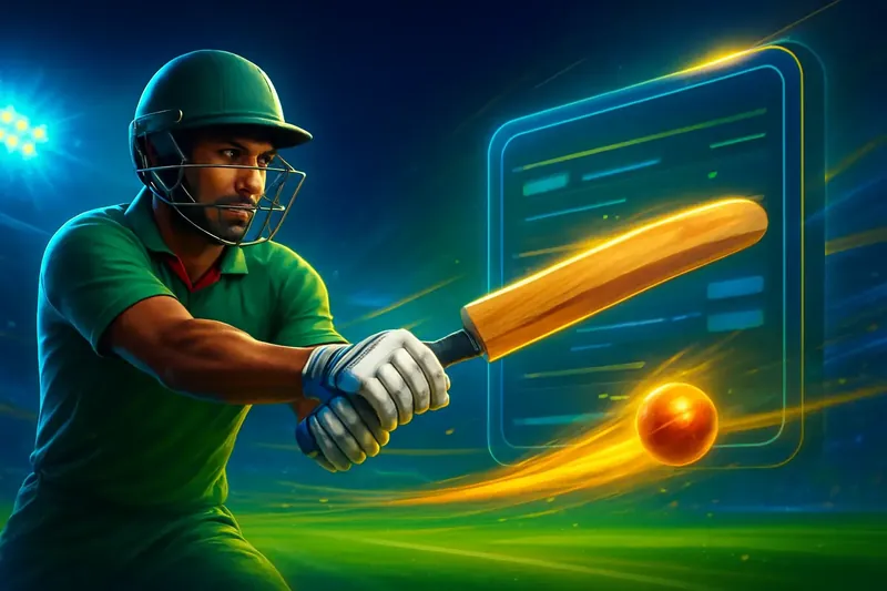 Cricket batter hits ball under stadium lights in dynamic sportsbook banner