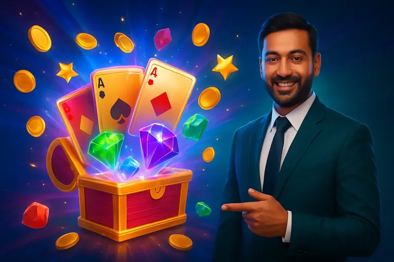 Glowing reward chest with cards, coins, gems, and stars bursting out