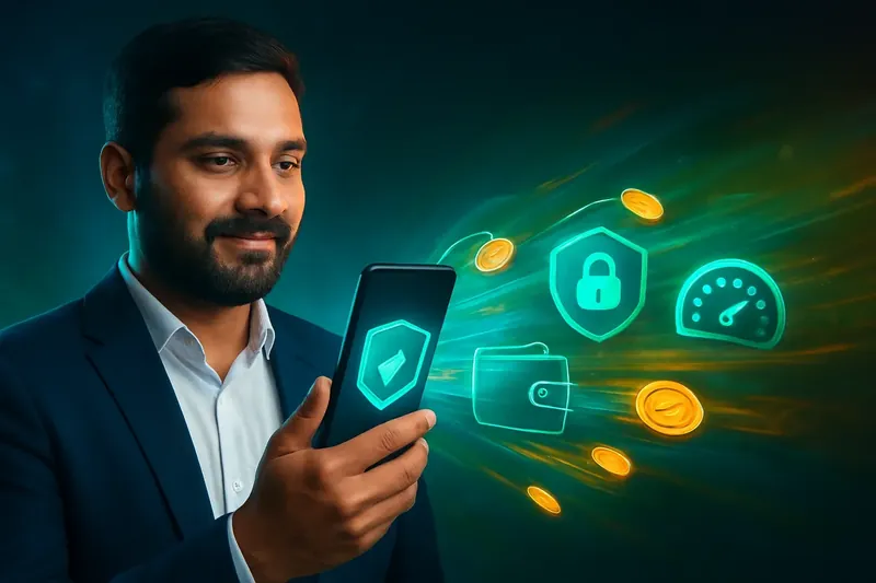 Hand holding smartphone with secure mobile wallet, coins, and speed light trails