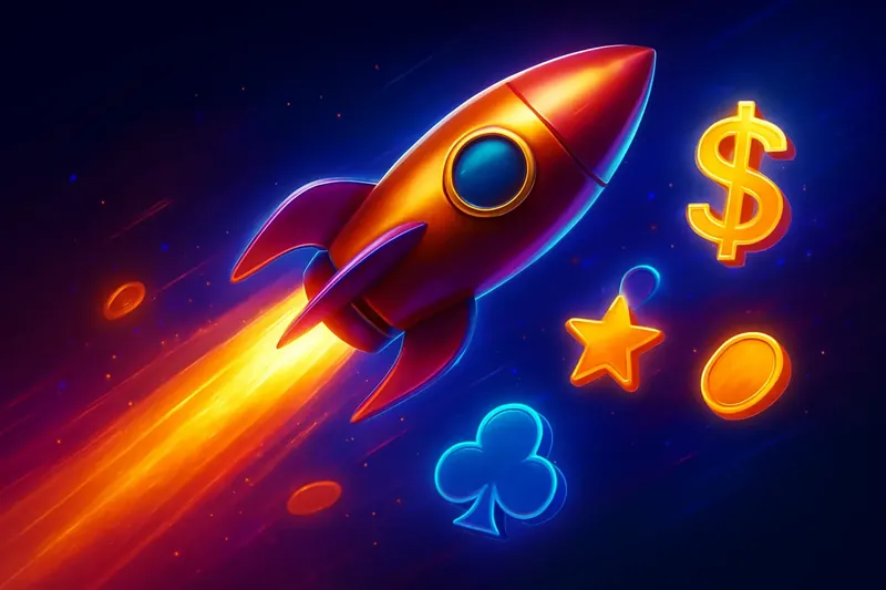Dynamic rocket launch casino banner with neon speed trails and game particles