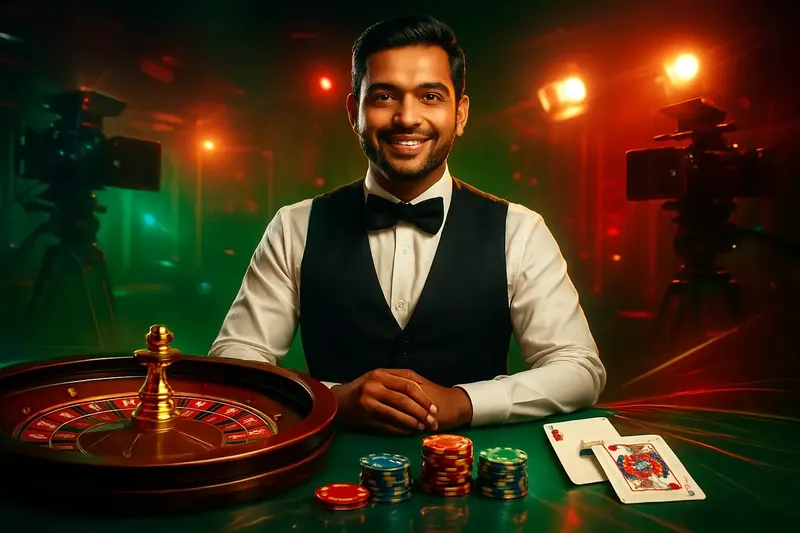 Friendly professional live dealer with roulette, cards, chips, and studio lights