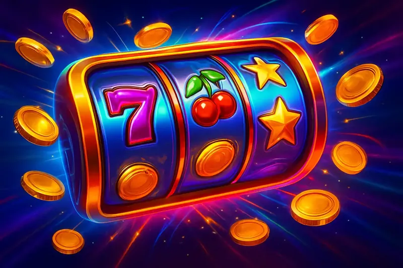 Colorful spinning slot machine reels with coins, sparkles, and neon glow